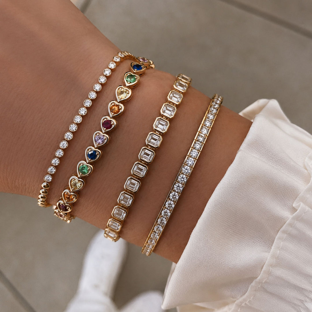 14K Solid Gold Rainbow Sapphire Heart Bezel Tennis Bracelet