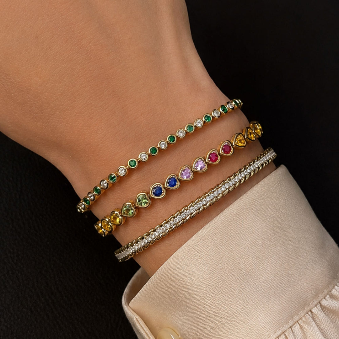 14K Solid Gold Rainbow Sapphire Heart Bezel Tennis Bracelet