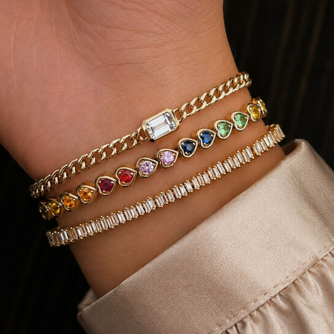 14K Solid Gold Rainbow Sapphire Heart Bezel Tennis Bracelet