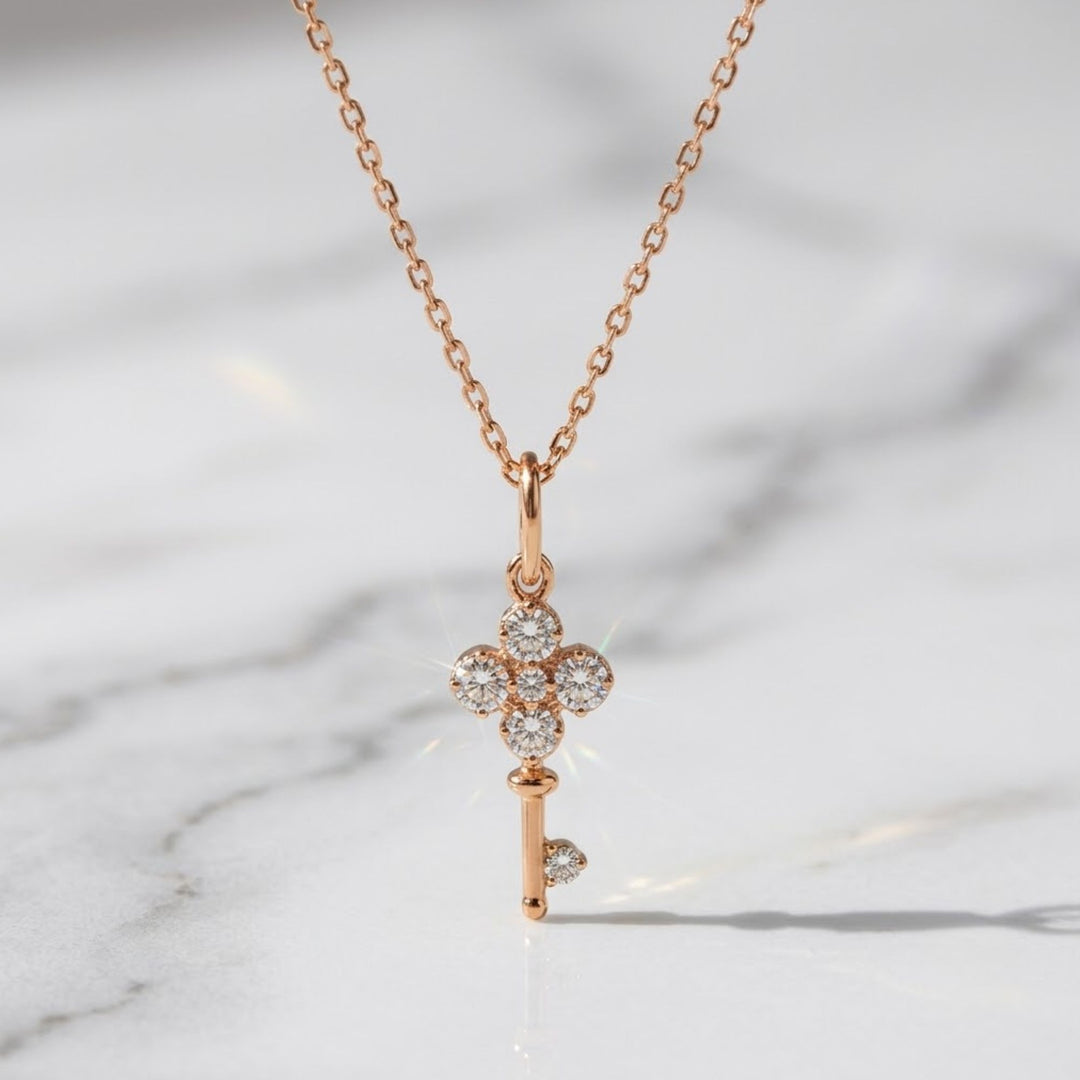 18K Solid Gold Mini Key Diamond Pendant Necklace,Dainty Lab Grown Diamond Charm Necklace, Everyday Jewelry,Gift for her,Graduation gift