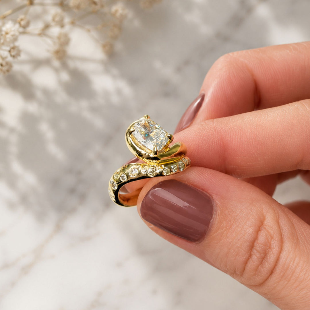 Cushion Cut Bypass Engagement Ring, Gold Scattered Diamond Statement Ring, Unique Asymmetric Design, One of a Kind Gift, IGI Certified Ring