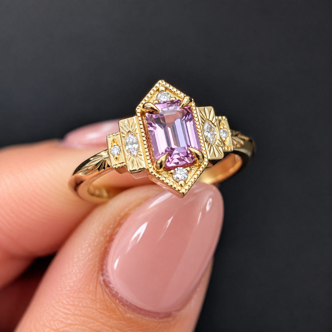 Natural Diamond & Emerald Cut Purple Gemstone Ring, Vintage Style Yellow Gold Ring