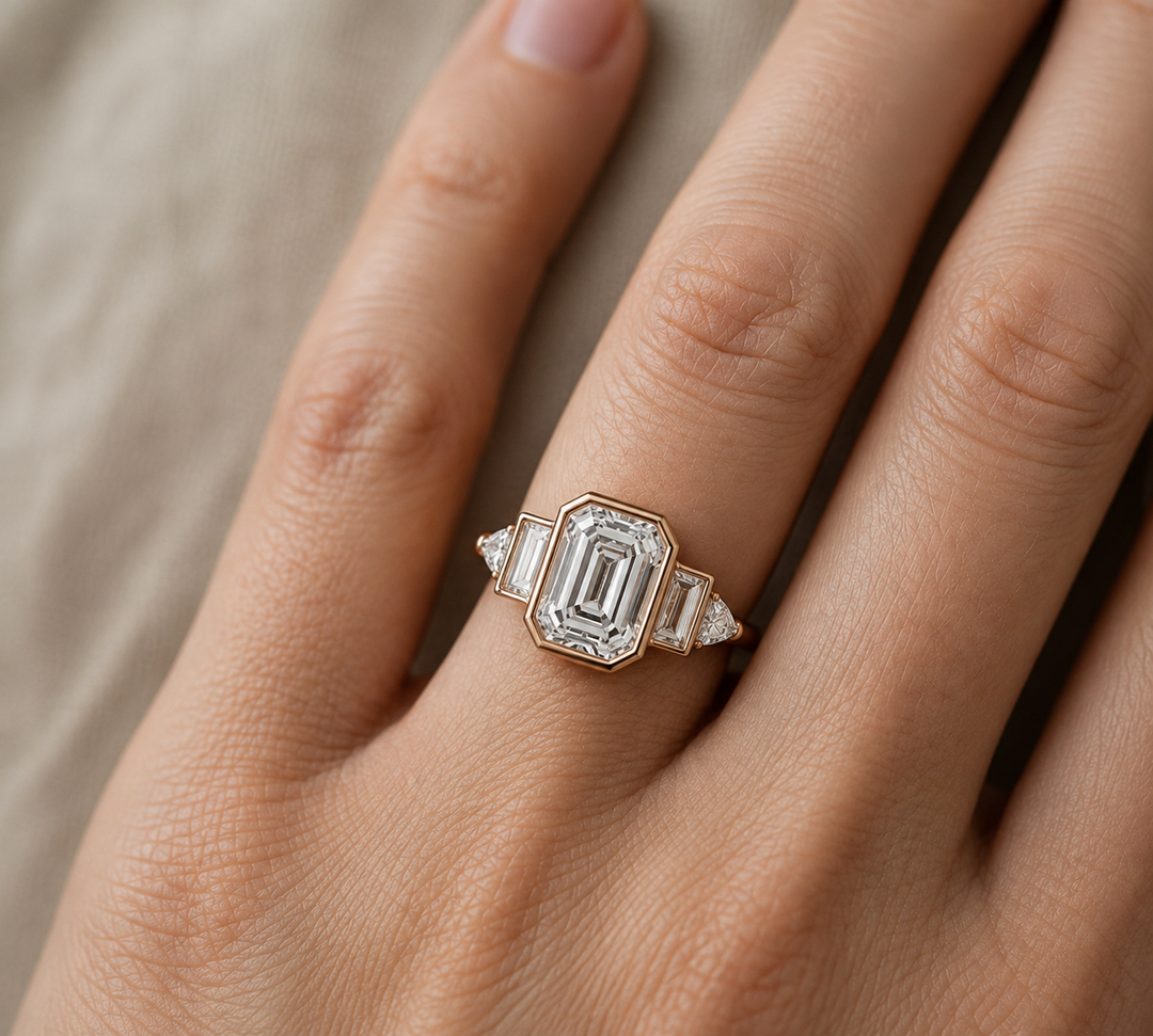 3.00 CT Emerald Cut Lab Grown Diamond Engagement Ring with Baguette &amp; Trillion Diamond Accents