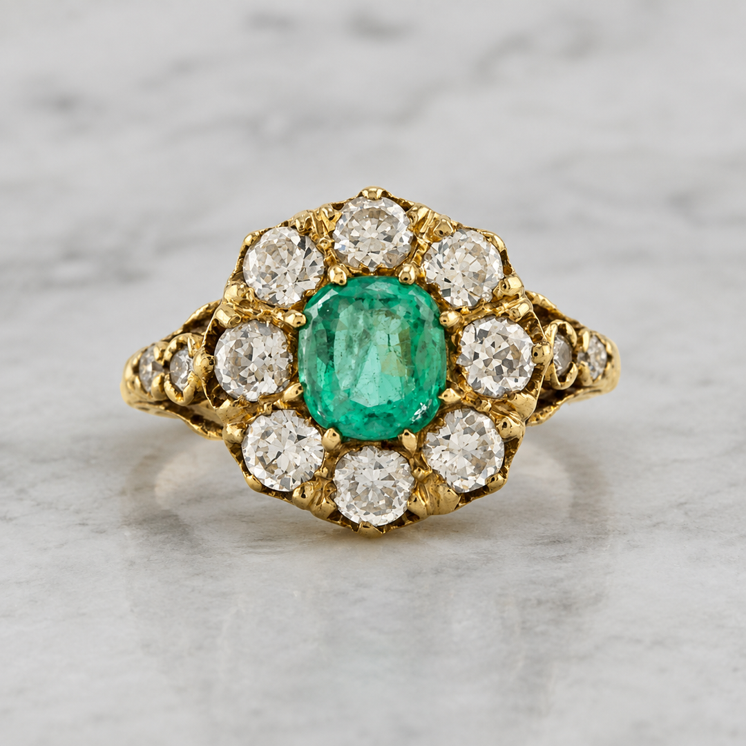 Natural Emerald & Natural Diamond Cluster Ring | 18K Solid Gold