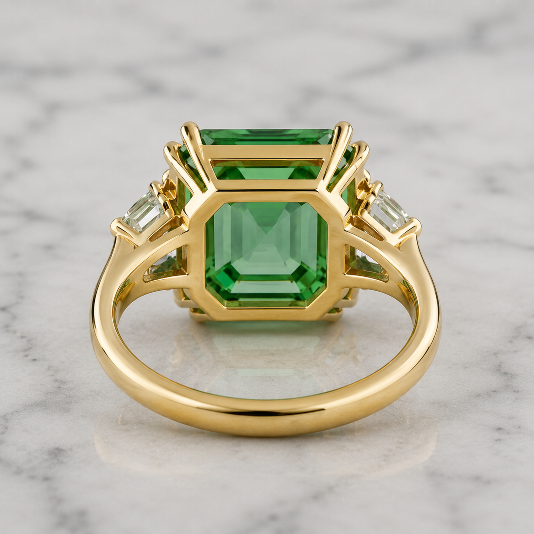 18K Yellow Gold Natural White Diamond & Green Tourmaline Cocktail Ring