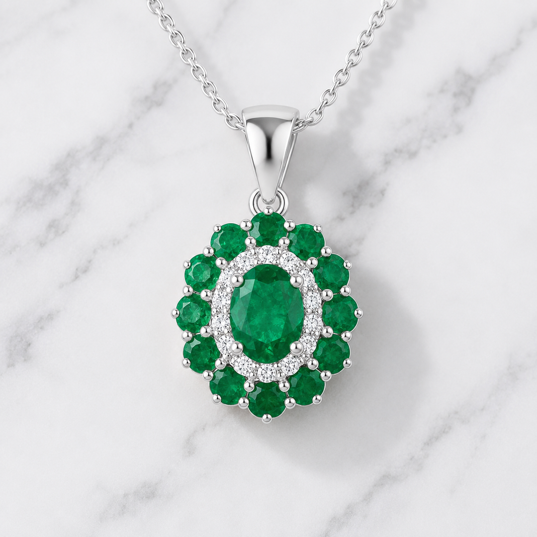 Natural Green Emerald & Diamond Halo Jewellery Set in 14K Gold | Oval Emerald Necklace & Earrings Set
