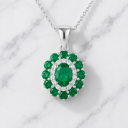 Natural Green Emerald & Diamond Halo Jewellery Set in 14K Gold | Oval Emerald Necklace & Earrings Set