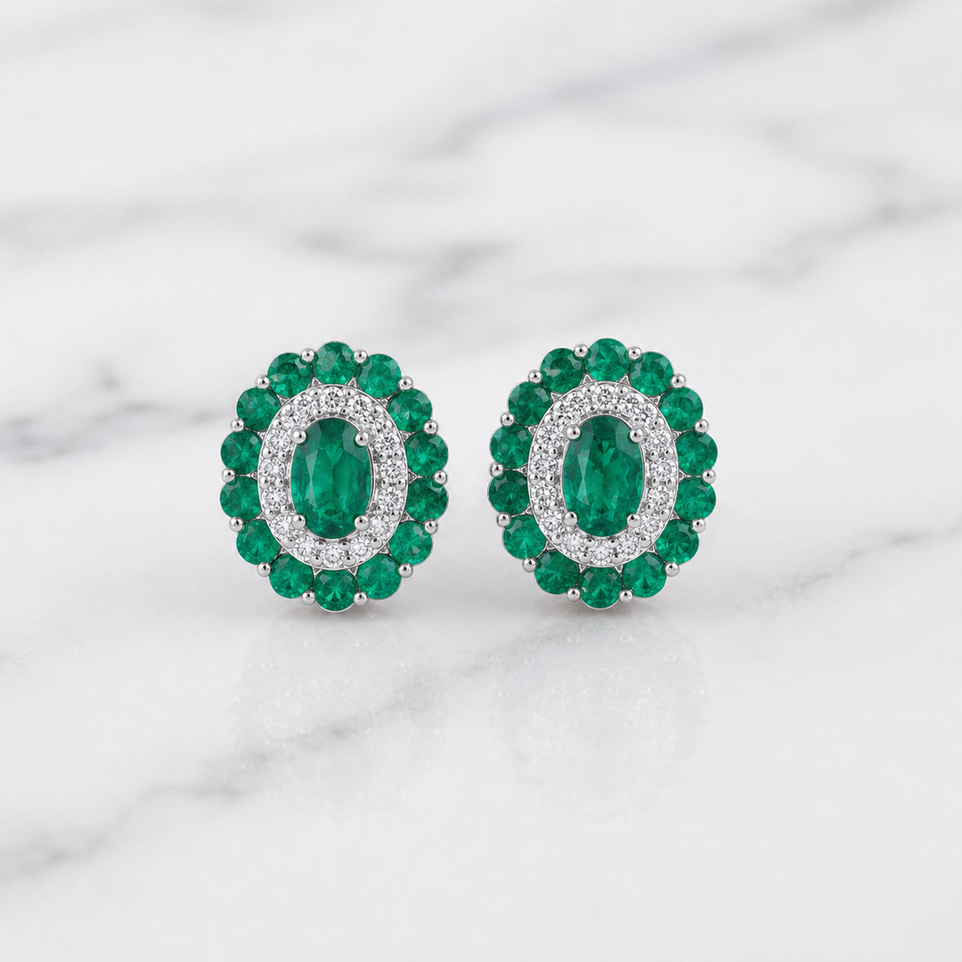 Natural Green Emerald & Diamond Halo Jewellery Set in 14K Gold | Oval Emerald Necklace & Earrings Set