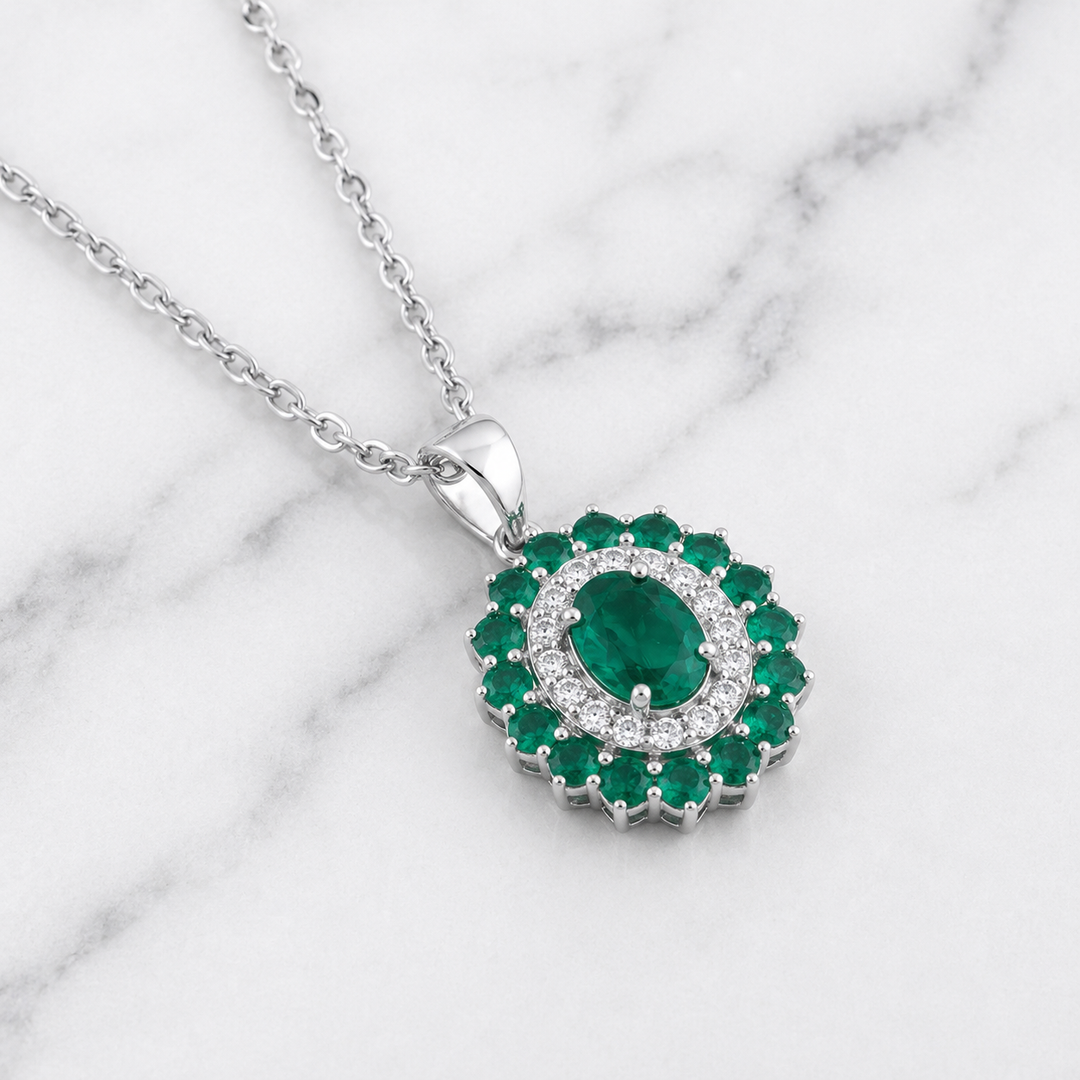 Natural Green Emerald & Diamond Halo Jewellery Set in 14K Gold | Oval Emerald Necklace & Earrings Set
