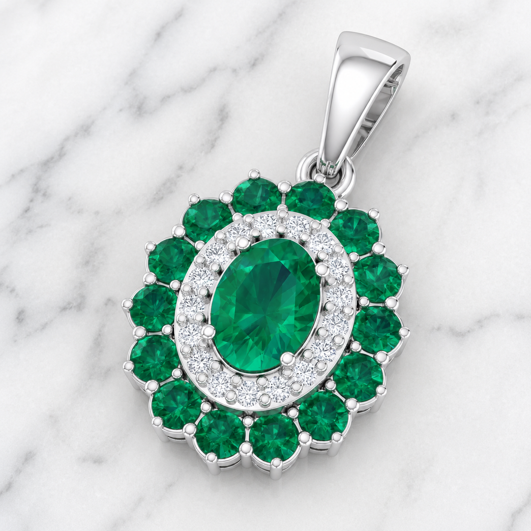 Natural Green Emerald & Diamond Halo Jewellery Set in 14K Gold | Oval Emerald Necklace & Earrings Set