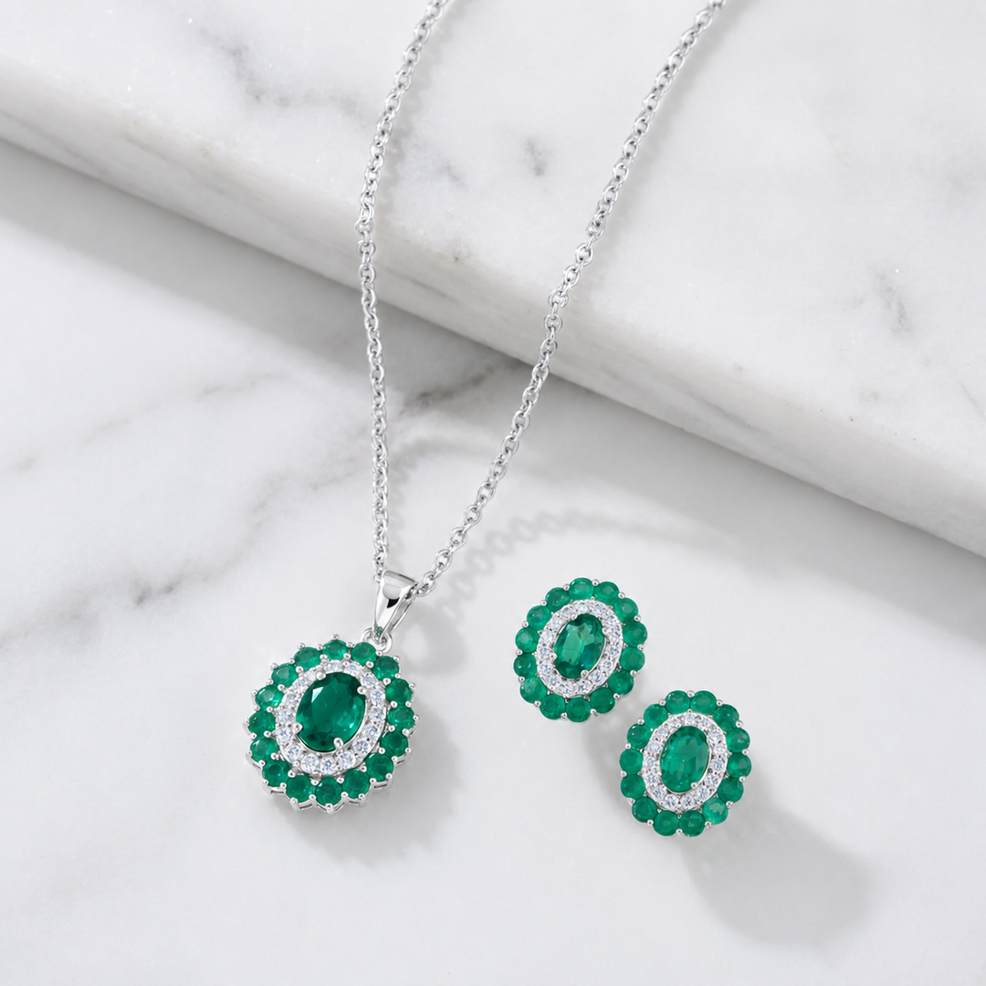 Natural Green Emerald & Diamond Halo Jewellery Set in 14K Gold | Oval Emerald Necklace & Earrings Set
