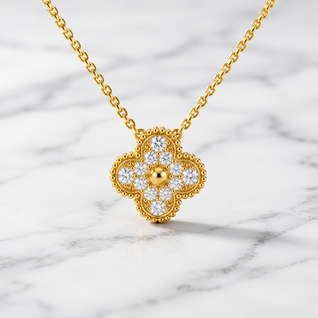 0.50 Carat 12 Natural Diamond Four-Leaf Clover Pendant with Chain, 9K-18K Solid Gold