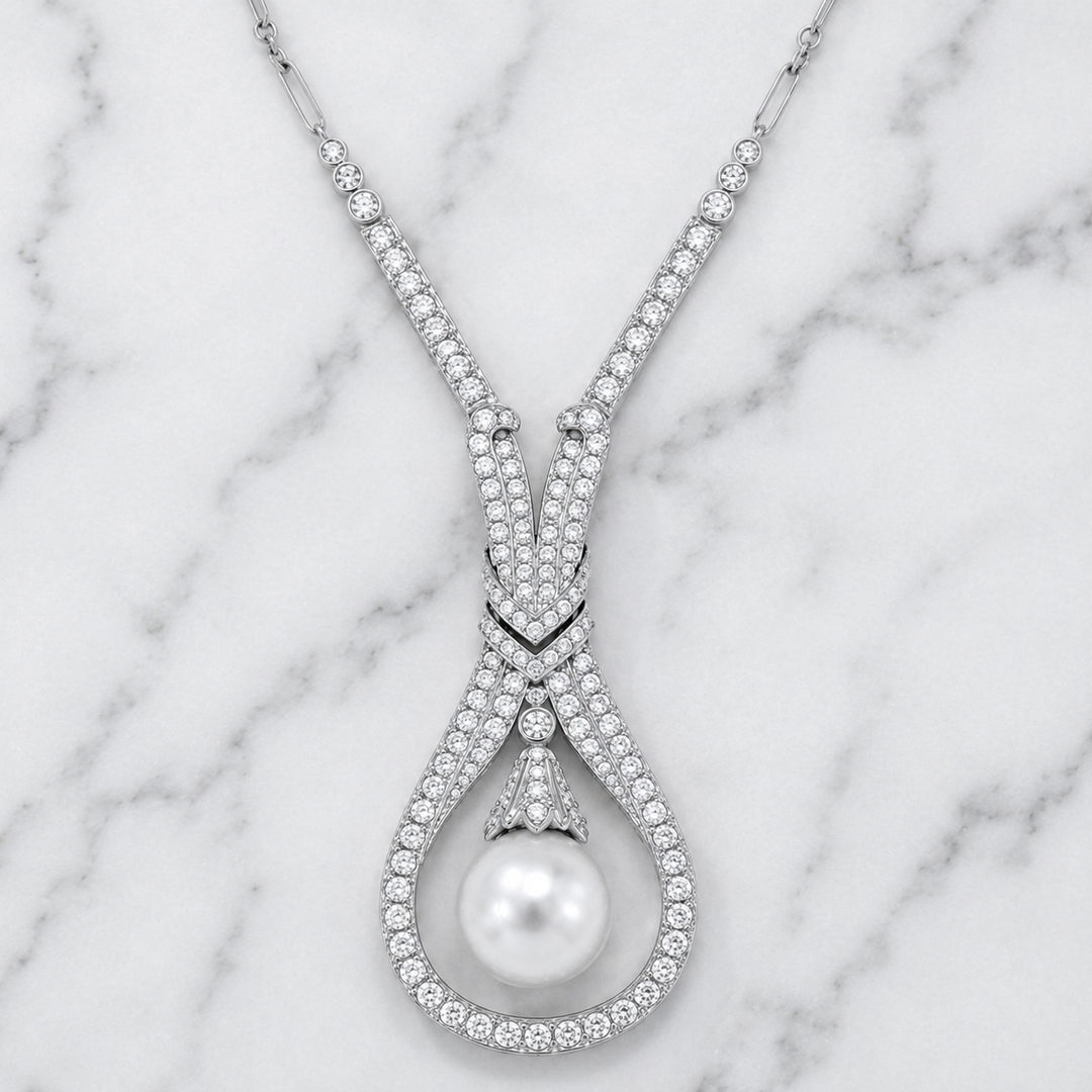 18K White Gold Art Deco Round Cut Diamond & Natural Pearl Drop Necklace