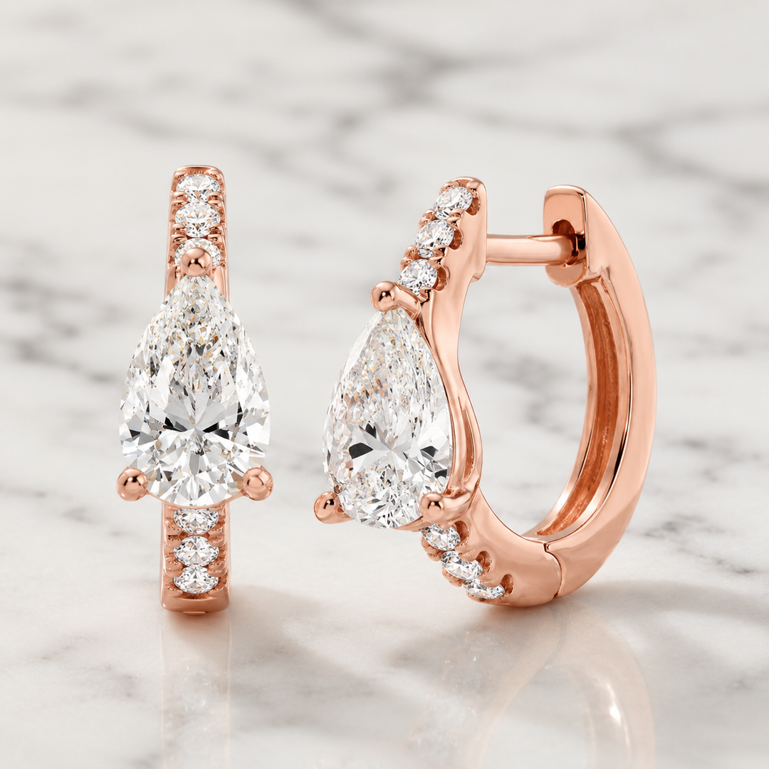 14K Solid Gold Pave Pear Huggie Hoops | Natural Diamond Teardrop Statement Earrings