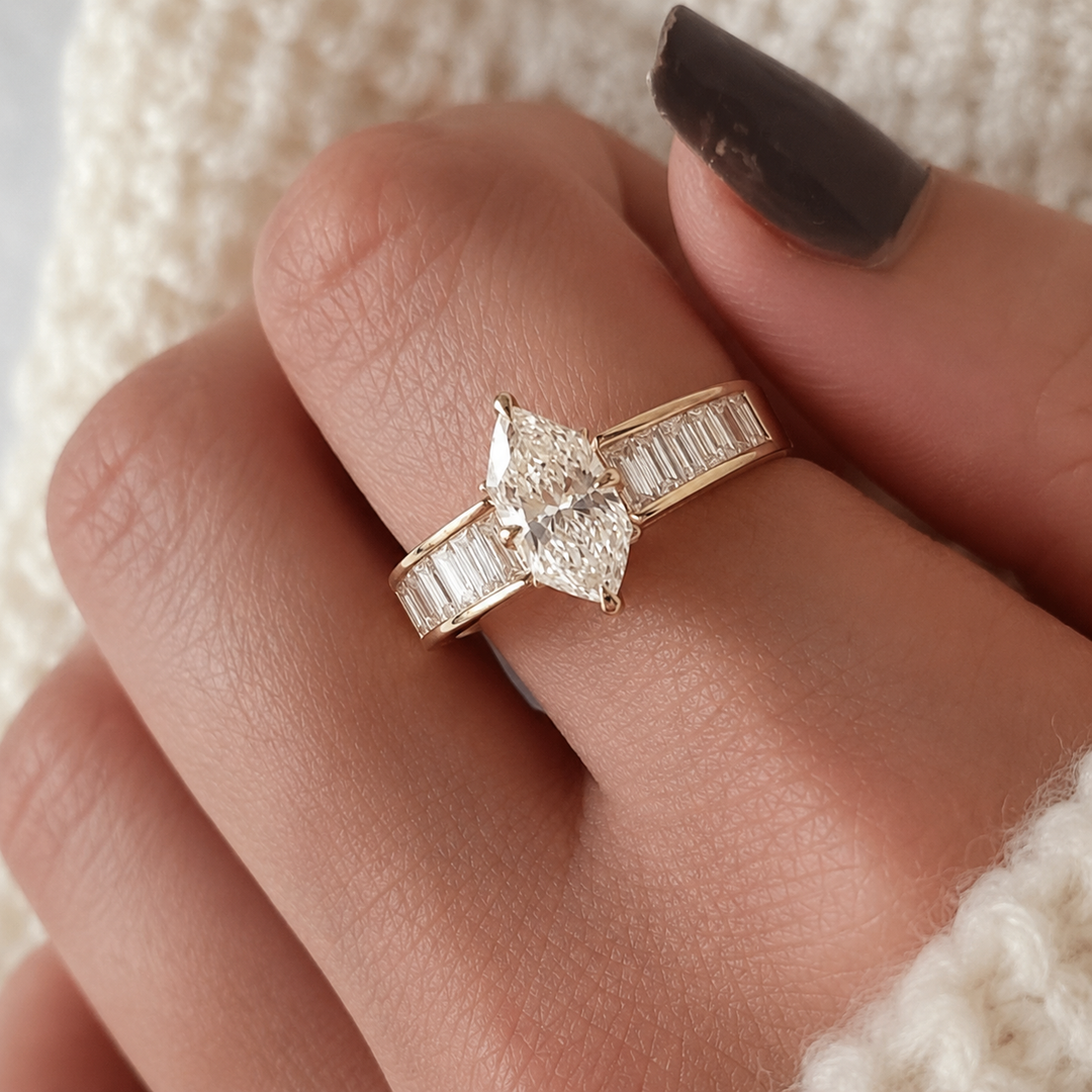 Marquise Cut 14K Gold Ring, Channel Baguette Shoulder Band, Bold Bridal Statement Ring, Lab Grown Diamond Anniversary Gift, Art Deco Ring