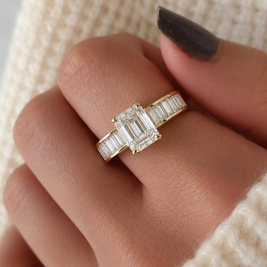 Bold Emerald Cut Bridal Ring, Gold Channel Baguette Band, Wide Shoulder Statement Ring, Anniversary Gift Her, Art Deco Ring, Wide Band Ring