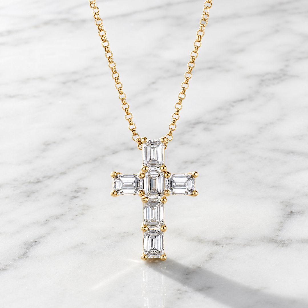 Emerald Cut Diamond Cross Necklace in 14K Solid Gold Natural  Diamonds, Statement Diamond Cross Necklace, Bridal Cross Necklace, Christian Gift