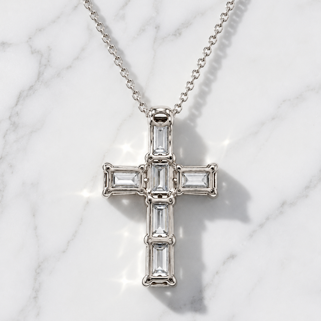 Emerald Cut Diamond Cross Necklace in 14K Solid Gold Natural  Diamonds, Statement Diamond Cross Necklace, Bridal Cross Necklace, Christian Gift