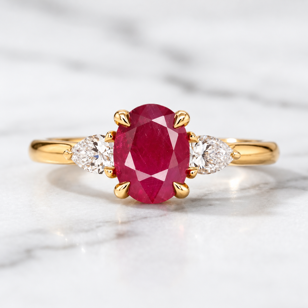 Natural Red Ruby Ring, Oval Ruby Engagement Ring, 14K Gold Ring, Natural Pear Diamond Accent Ring