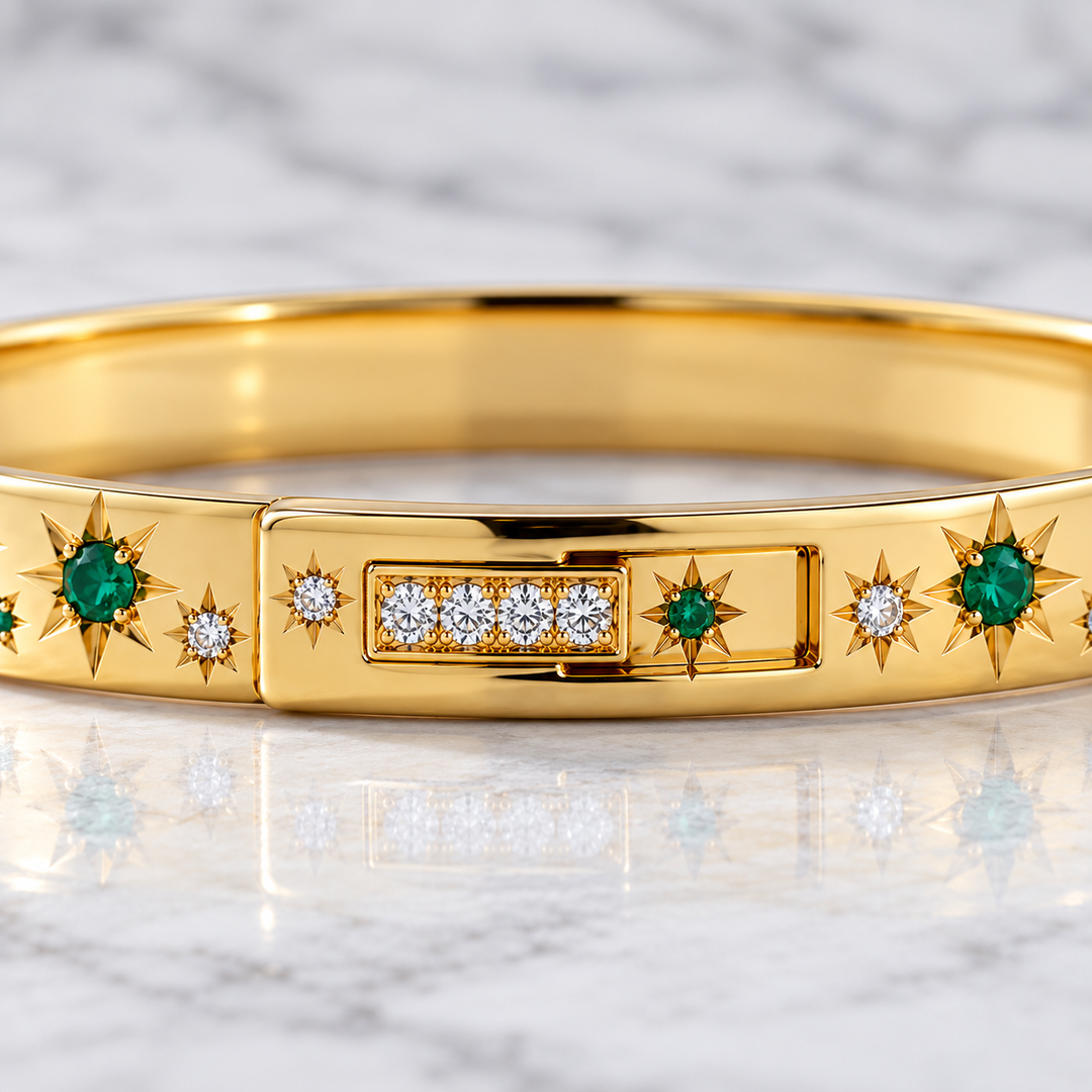 GIA Certified Natural Diamond & Natural Emerald Cuff Bangle | 18K Solid Gold