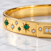 GIA Certified Natural Diamond & Natural Emerald Cuff Bangle | 18K Solid Gold