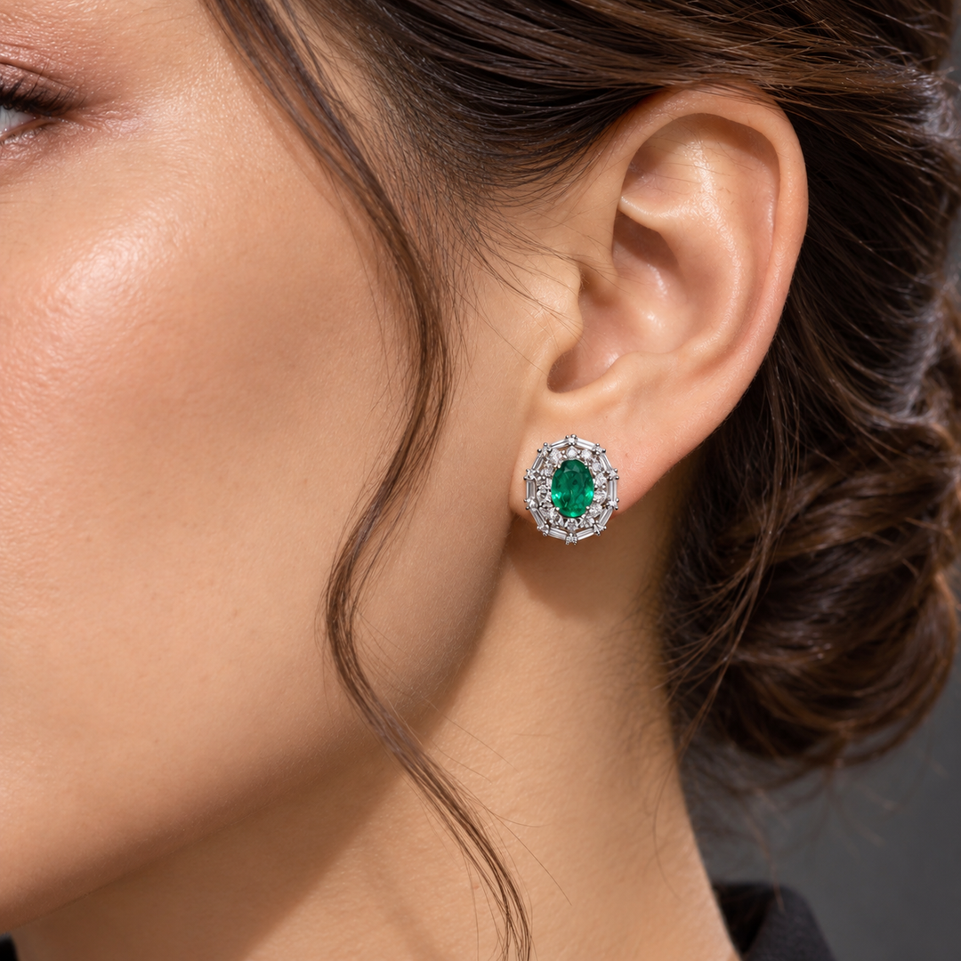Natural Green Emerald & Diamond Earrings – 18K Solid Gold
