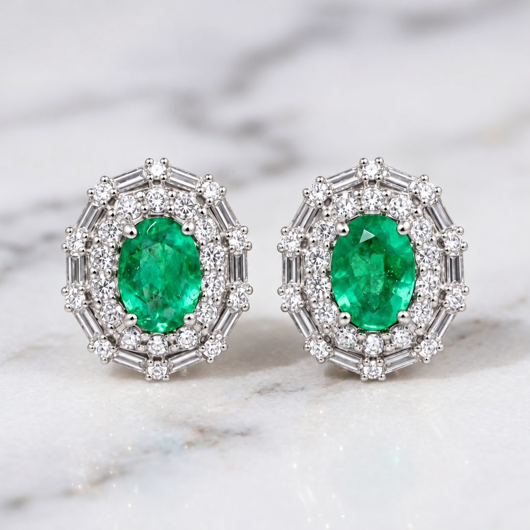 Natural Green Emerald & Diamond Earrings – 18K Solid Gold