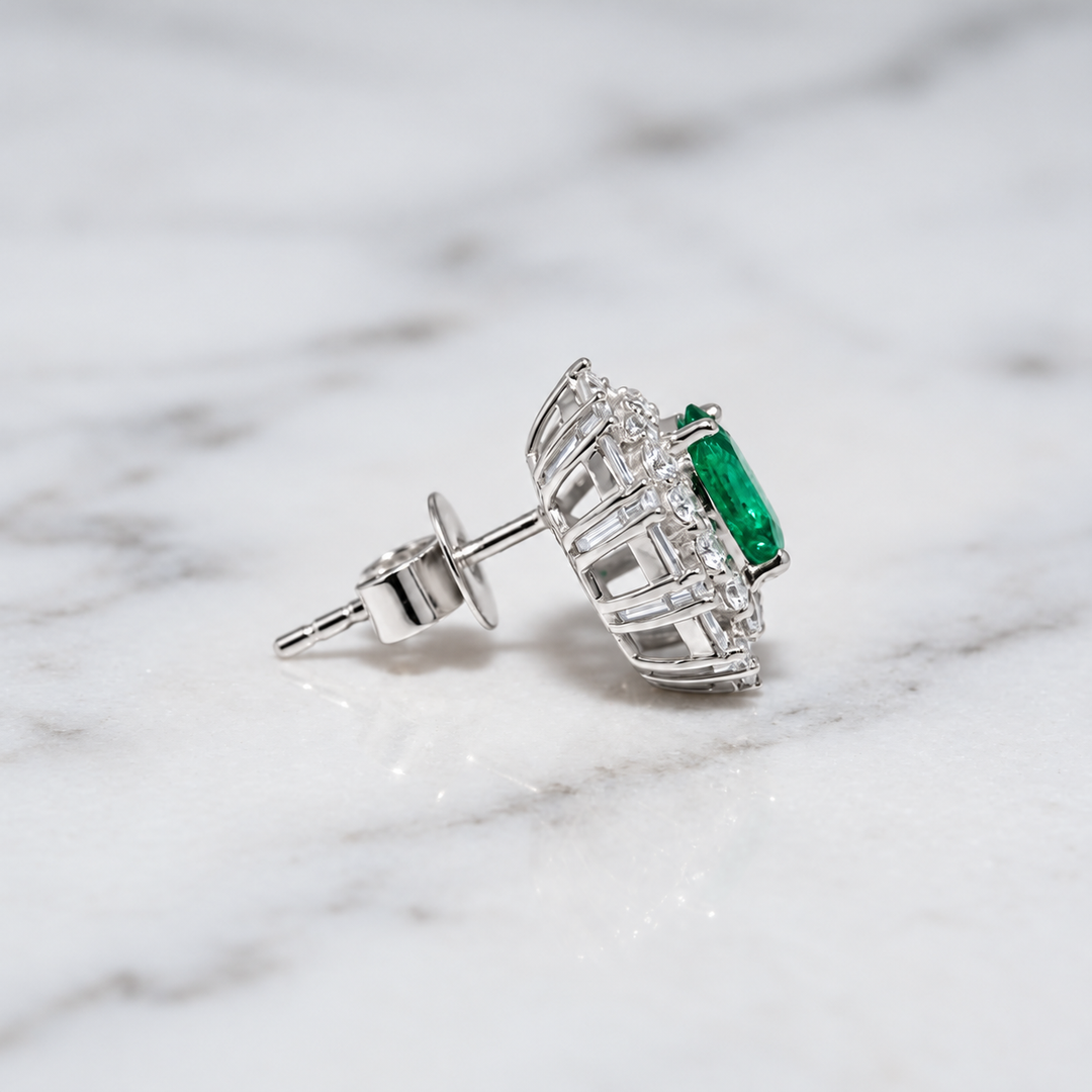 Natural Green Emerald & Diamond Earrings – 18K Solid Gold