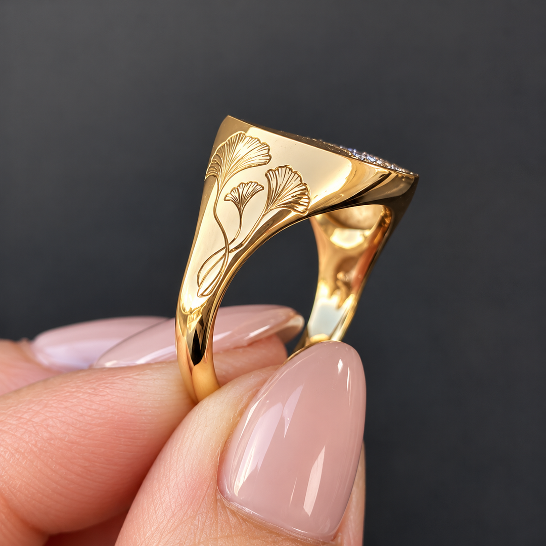 Natural Diamond 14K Solid Gold Signet Ring for Women, Leaf Engraved, Nature Inspired, Gift for Her, GIA Certified