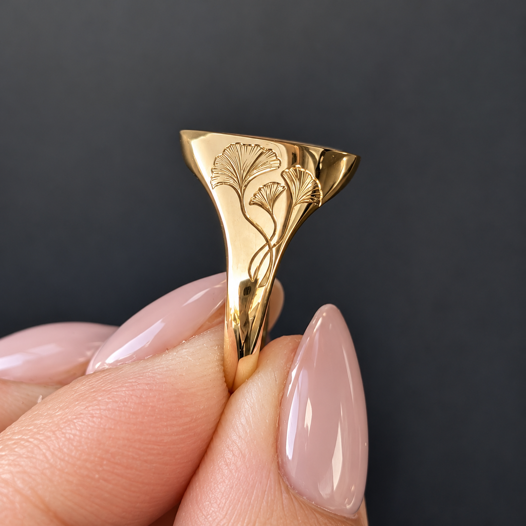 Natural Diamond 14K Solid Gold Signet Ring for Women, Leaf Engraved, Nature Inspired, Gift for Her, GIA Certified