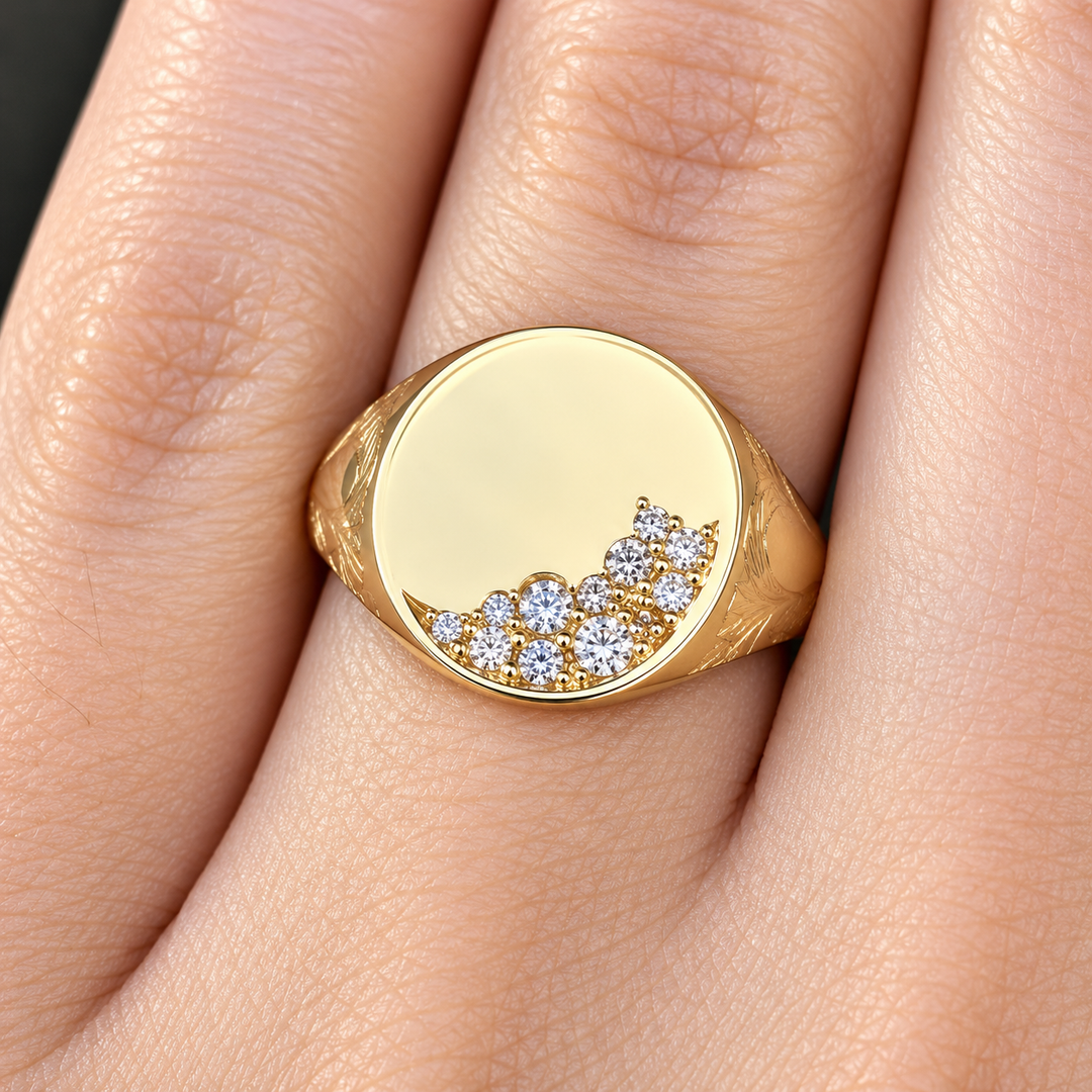 Natural Diamond 14K Solid Gold Signet Ring for Women, Leaf Engraved, Nature Inspired, Gift for Her, GIA Certified
