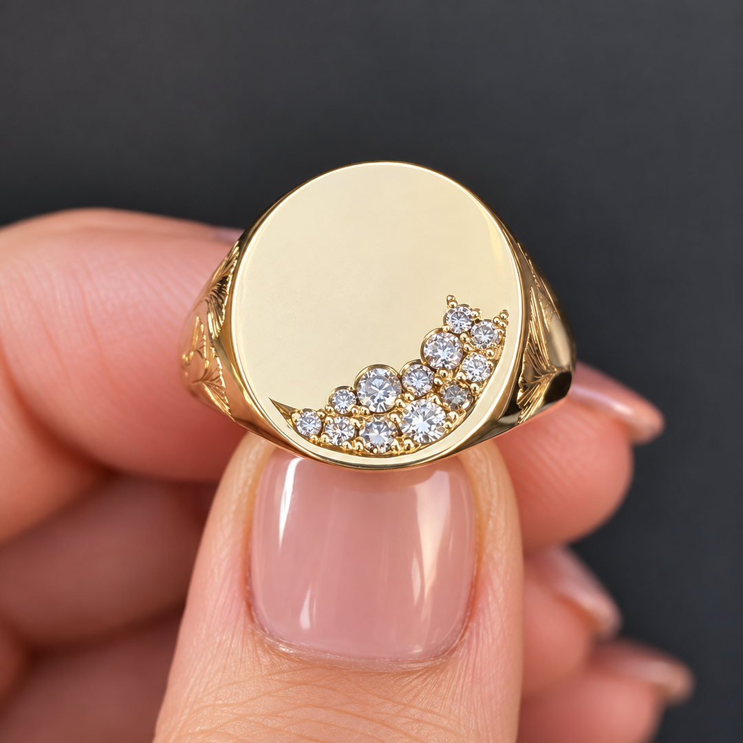 Natural Diamond 14K Solid Gold Signet Ring for Women, Leaf Engraved, Nature Inspired, Gift for Her, GIA Certified