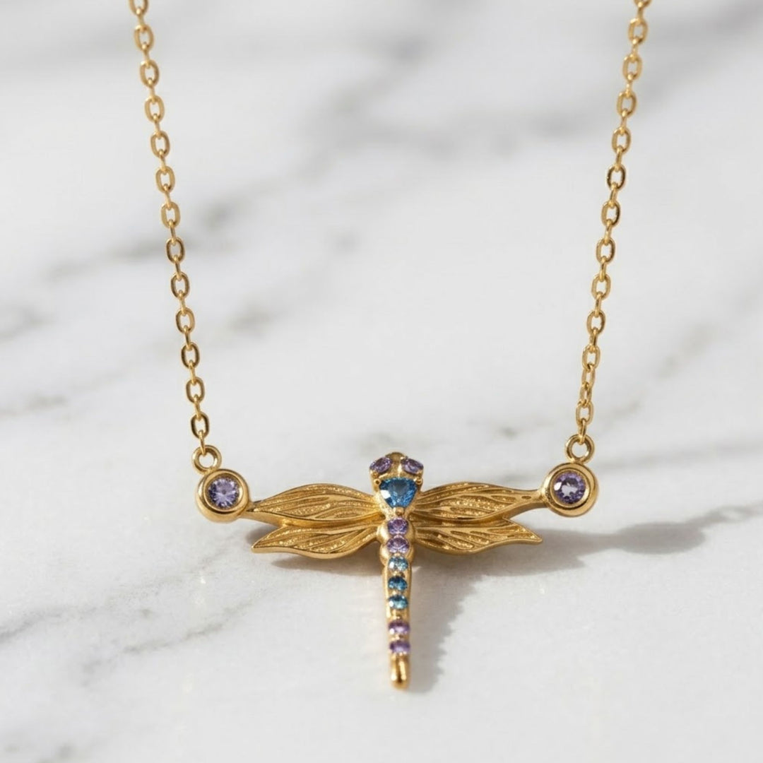 Lab Grown Tanzanite & Blue Topaz Dragonfly Necklace, Nature Inspired, Dainty Fine Jewelry, Gift for Her