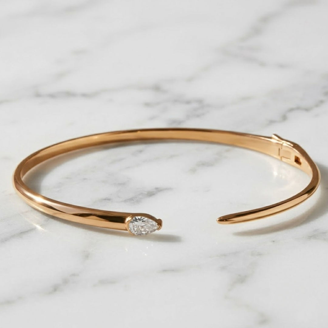 Dainty Pear Diamond Gold Cuff Bracelet | 14K Yellow Gold, Bezel Set Lab Grown Stone, VS+ Clarity, 0.30 CT, Bridal, Stacking, Gift for Women