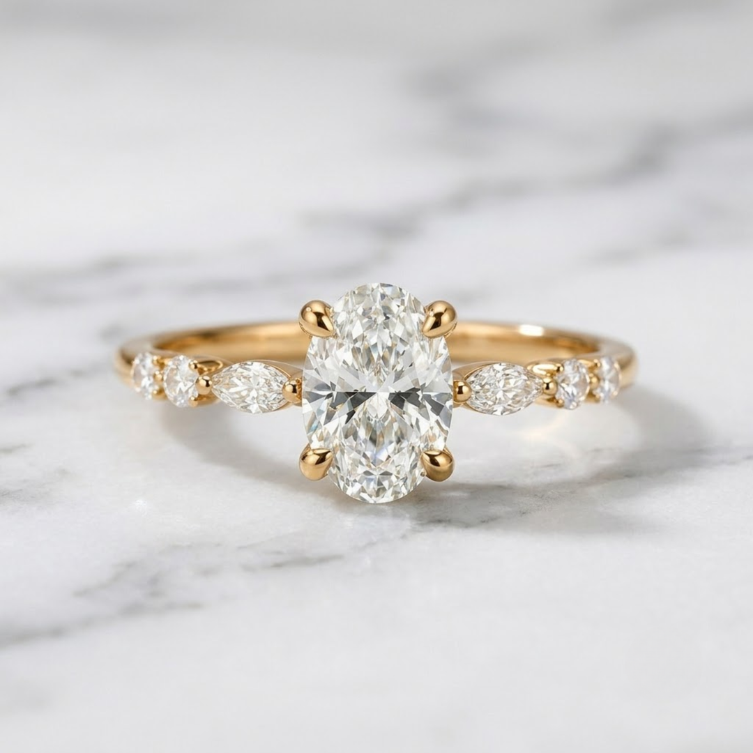 Oval Cut Engagement Ring 2.00 CT Oval with Side Round & Marquise Stones in 14K Solid Gold, IGI Certified, Wedding Ring for Women