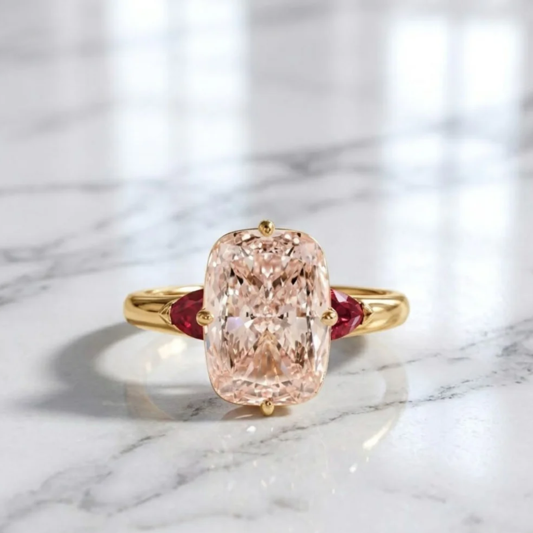 Cushion Lab Grown Pink Diamond Engagement Ring, 14K Yellow Gold trillion Ring