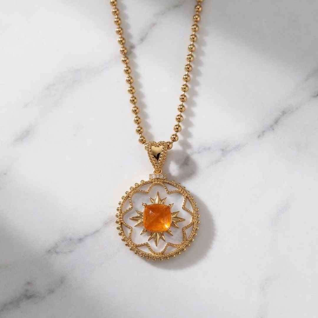 Natural Diamond & Natural Spessartite Garnet Necklace & 14K Solid Gold