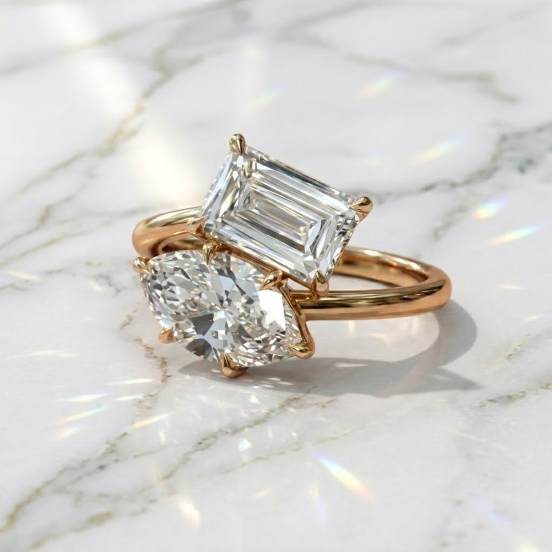 Toi et Moi Engagement Ring ,Emerald & Pear Cut Diamonds in 14k Gold,2.00 Ct F+ VS+ Vintage Style Solitaire Lab Grown Diamond