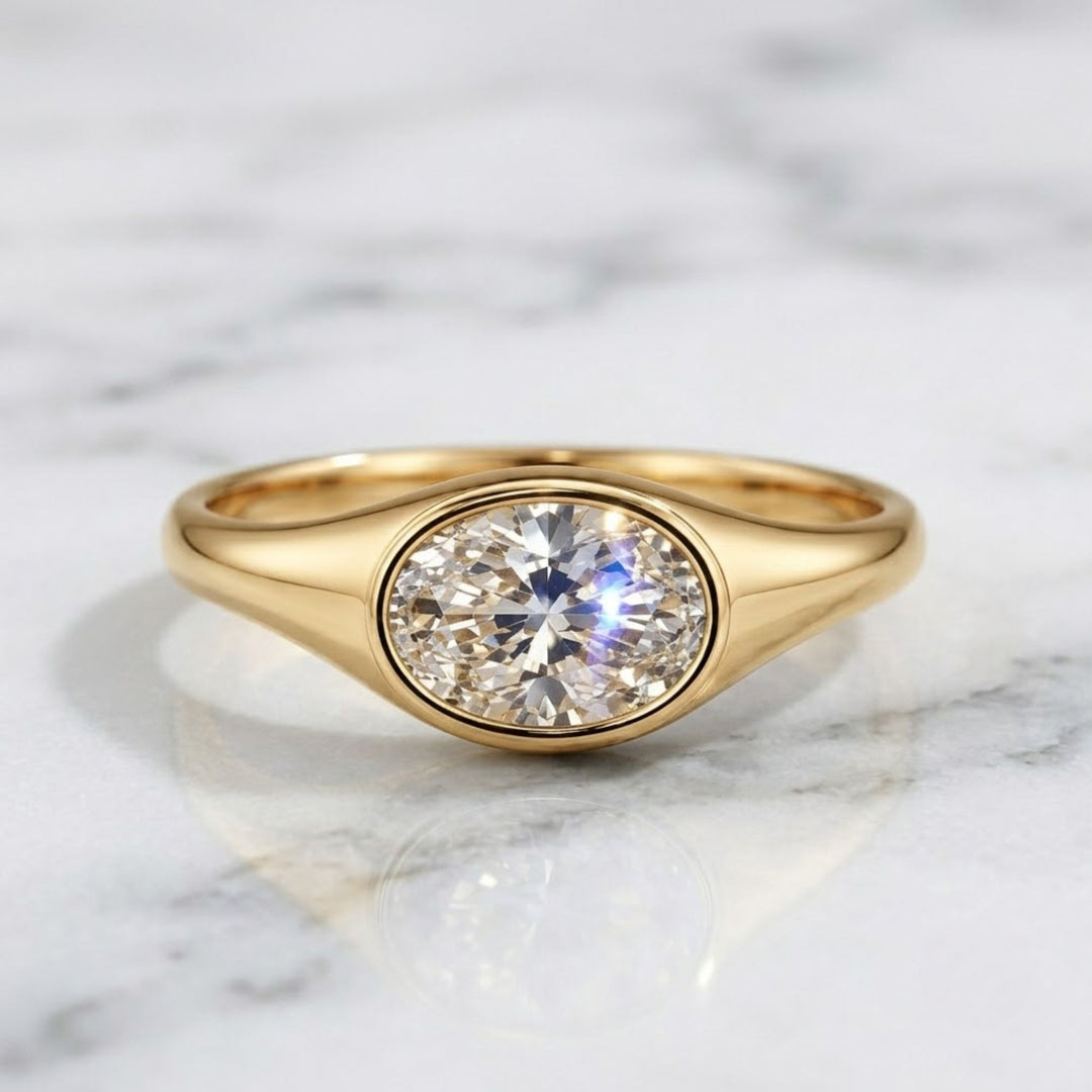 3ct Antique Cut Oval Lab Diamond Ring | 14K Yellow Gold Bezel Setting