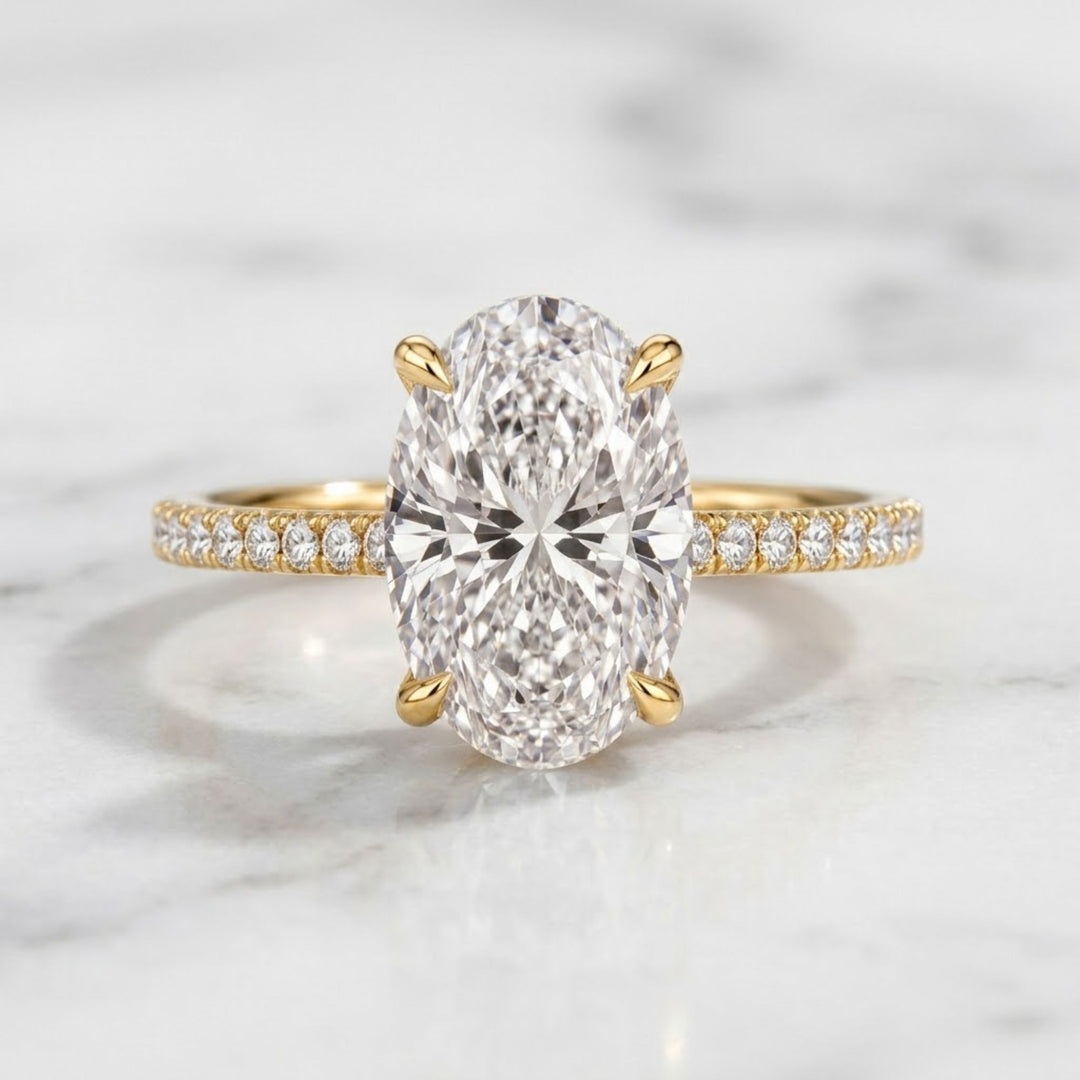Oval Lab Grown Diamond Wedding Ring, Hidden Halo, 14K White Gold