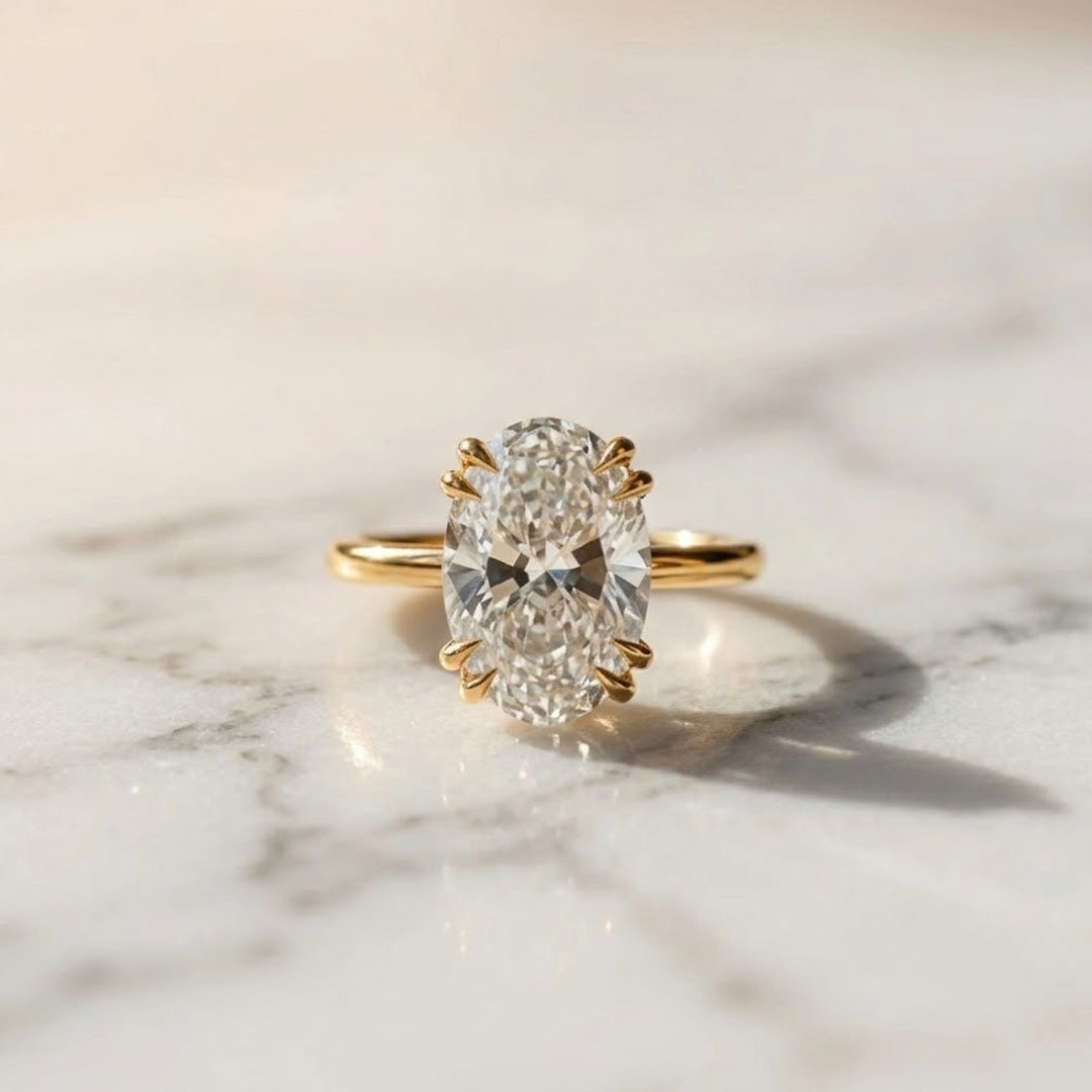 5 Carat Oval Lab Grown Diamond Solitaire Ring / Huge CVD Diamond F VS1 IGI Certified / Double Claw Prong Engagement Ring in Yellow Gold