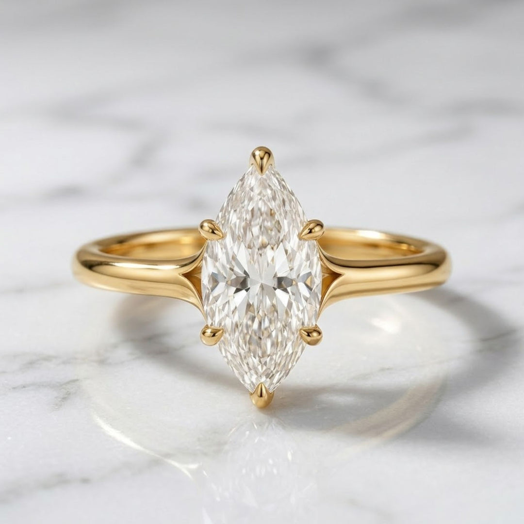 2 Carat Marquise F VS+ Lab Grown Diamond 2.7MM Solitaire Ring / Split Shank Cathedral Engagement Ring in 14k Yellow Gold / Thick Band
