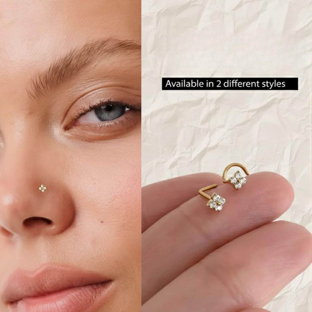 Flower L Shape / Corkscrew Nose Stud • Diamond Small Nose Stud, Nose Piercing • Solid Gold Nose Stud • Tiny Diamond Nose Stud