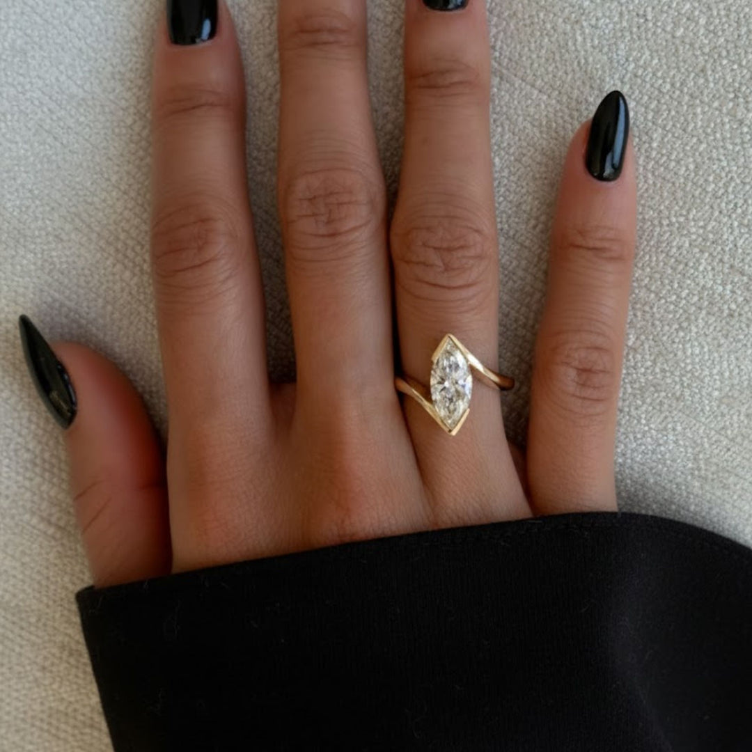 Lab Grown Marquise Diamond Ring, 2.00ct White F+ VS+ Certified, 9K & 14K Gold Bypass Engagement or Anniversary Gift, Modern Swirl Design