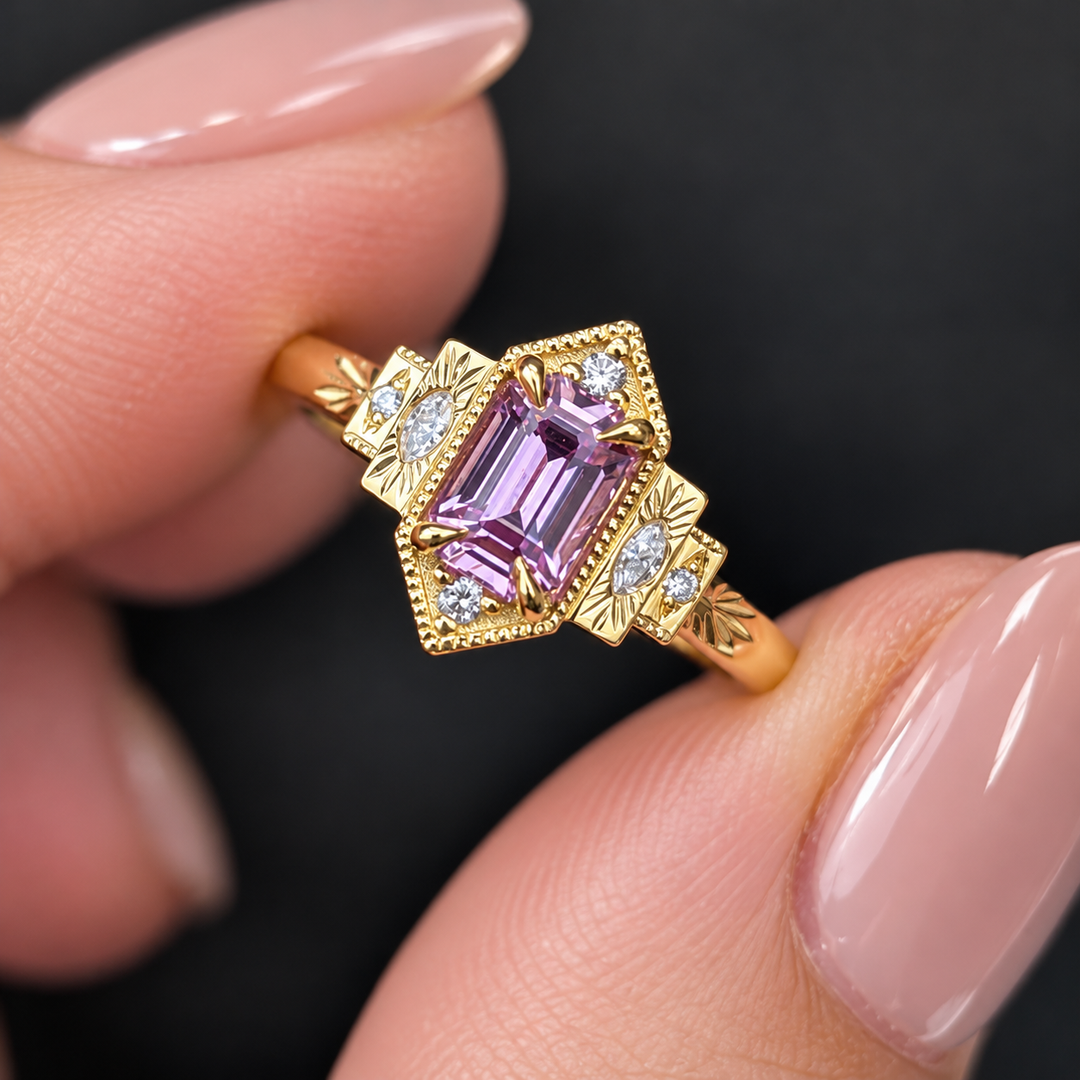 Natural Diamond & Emerald Cut Purple Gemstone Ring, Vintage Style Yellow Gold Ring