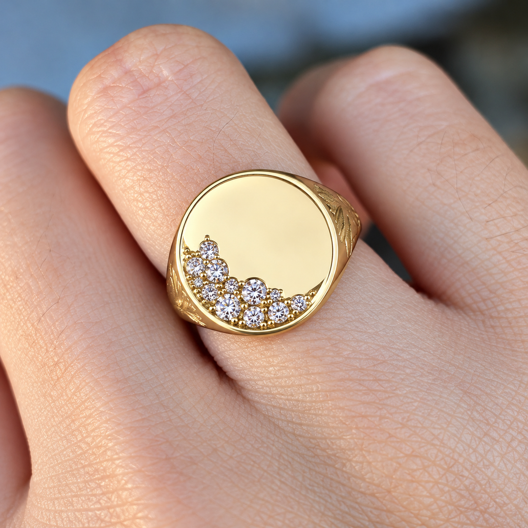 Natural Diamond 14K Solid Gold Signet Ring for Women, Leaf Engraved, Nature Inspired, Gift for Her, GIA Certified