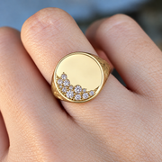 Natural Diamond 14K Solid Gold Signet Ring for Women, Leaf Engraved, Nature Inspired, Gift for Her, GIA Certified