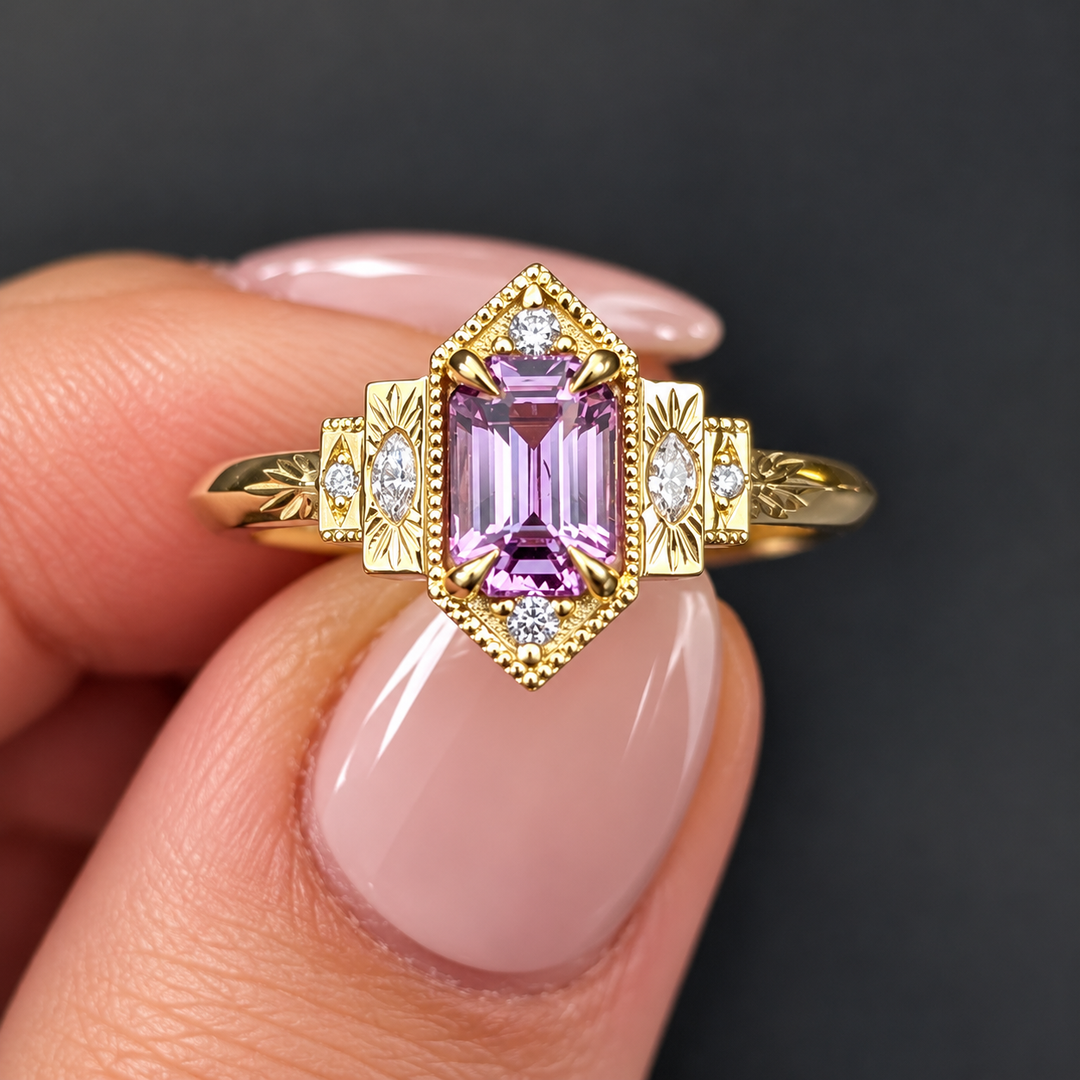Natural Diamond & Emerald Cut Purple Gemstone Ring, Vintage Style Yellow Gold Ring