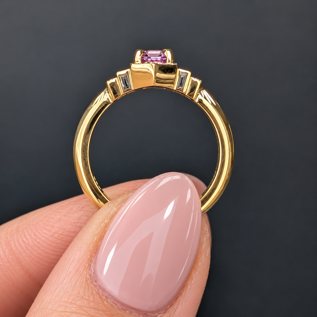 Natural Diamond & Emerald Cut Purple Gemstone Ring, Vintage Style Yellow Gold Ring