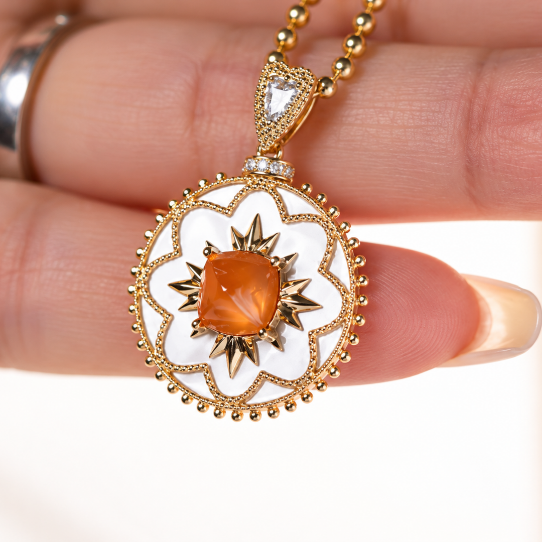 Natural Diamond & Natural Spessartite Garnet Necklace & 14K Solid Gold